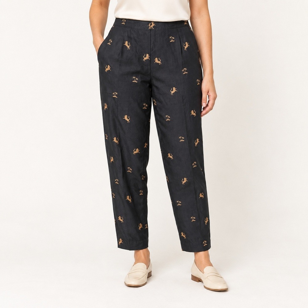 Peter Martin Silk Pants 12 Black Embroidered Horse Palm Tree Vintage Resort